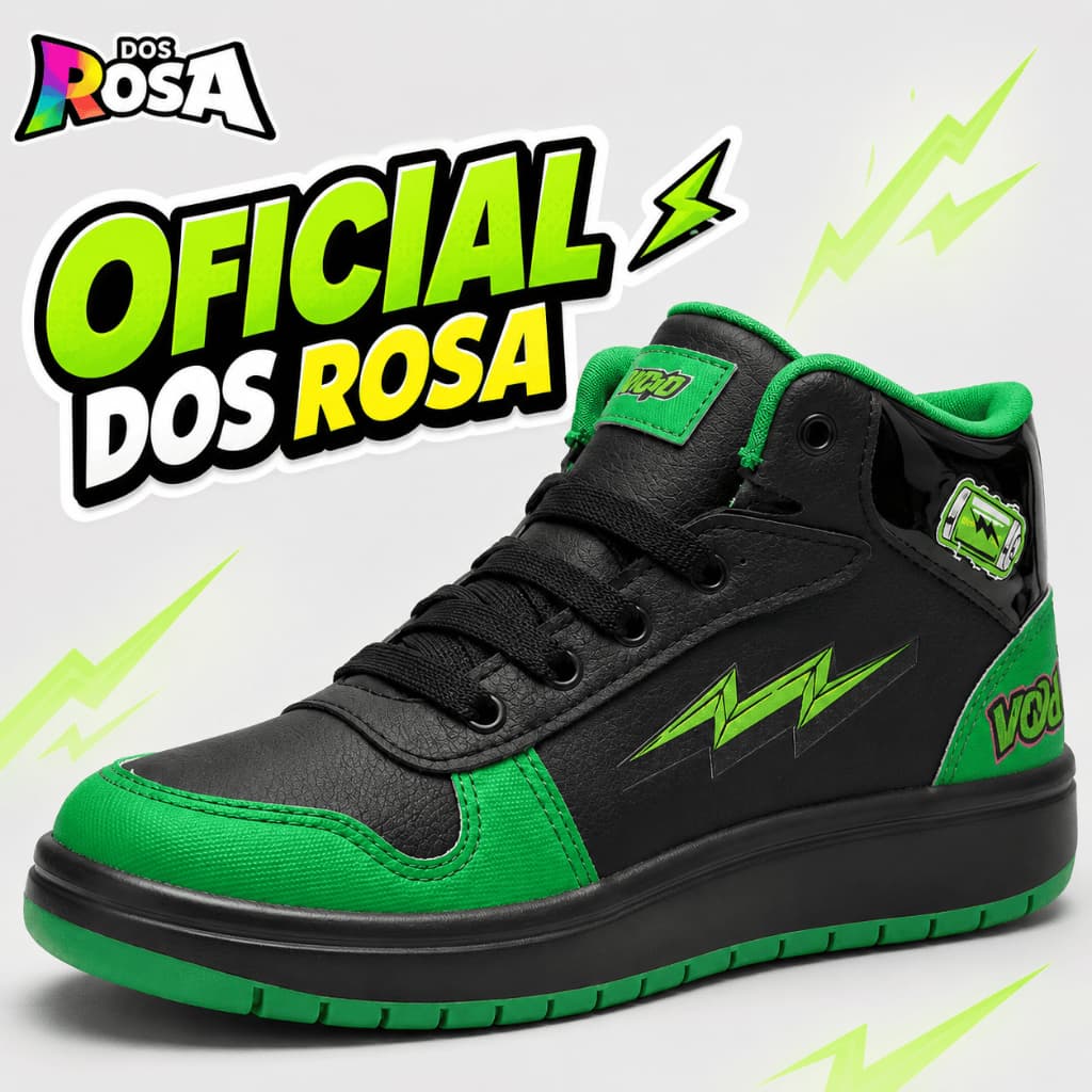Tênis Dos Rosa Botinha Cano Médio Preto e Verde com Cadarço Estilo Casual Moda Urbana