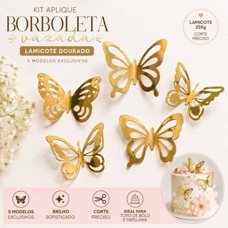 Kit Aplique Borboleta Vazada Lamicote Dourado 255g para Topo de Bolo e Papelaria
