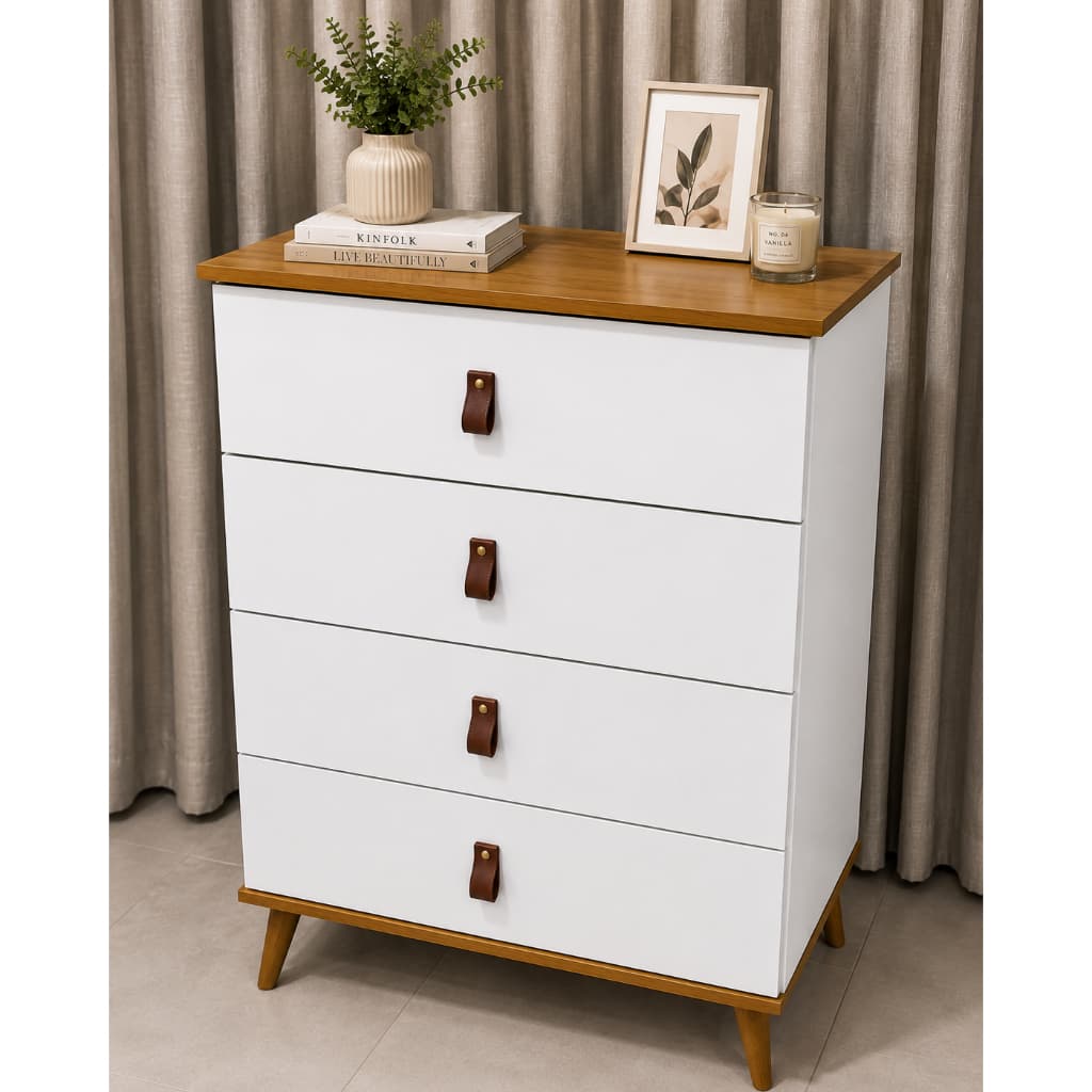 Cômoda Gaveteiro Retrô 4 Gavetas Branco Nature Roupeiro Quarto