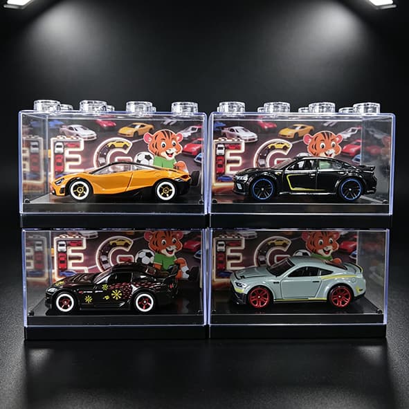 Kit 4 Miniatura Carro Esportivo Moderno Tuner com Caixa Expositora Transparente