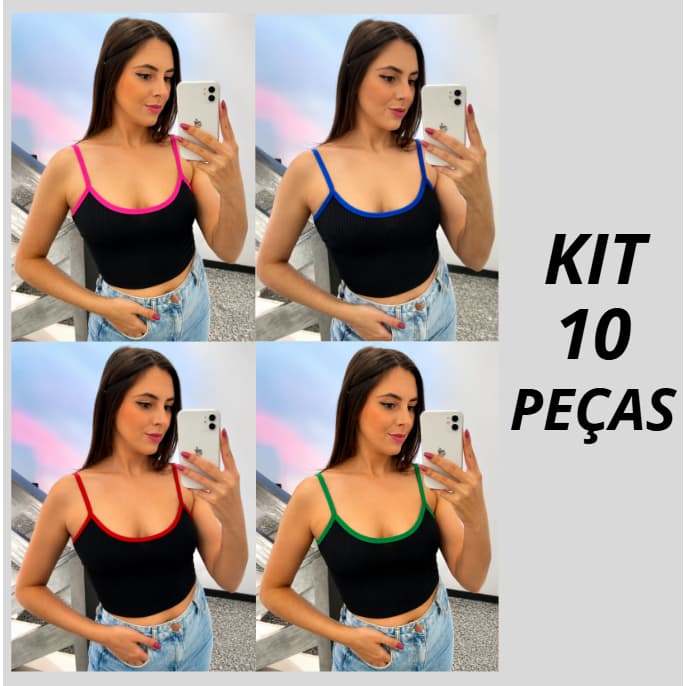 kit 10 cropped preto alça bicolor canelado