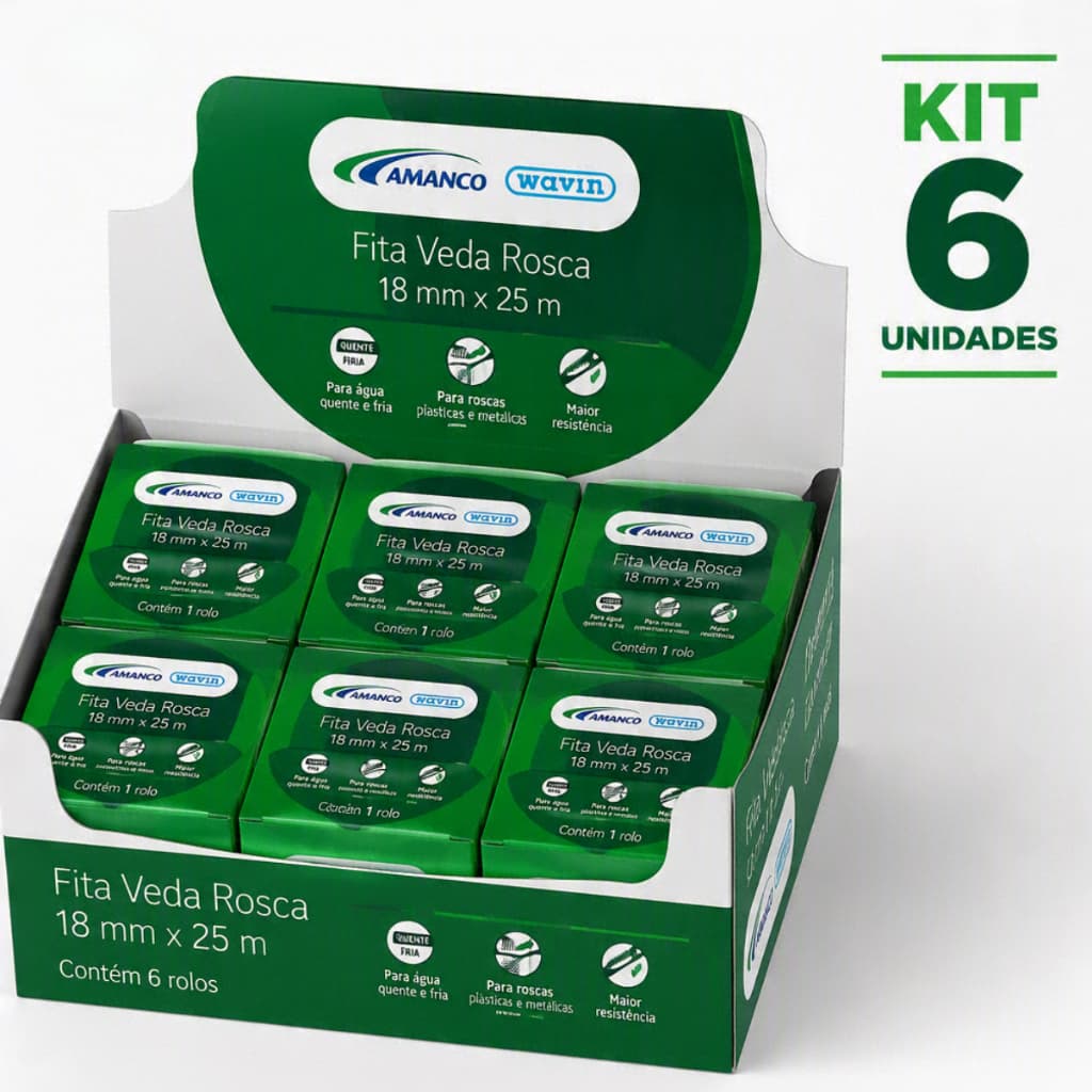 Kit 6 Fitas Veda Rosca Amanco Wavin 18mm x 25m PTFE para Instalação Hidráulica