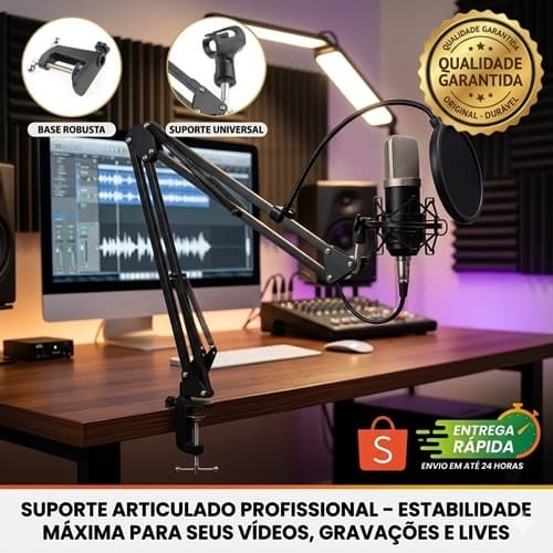 Suporte para Microfone de Mesa Articulado Universal Braço para Podcast Live Streaming Estúdio Home Studio