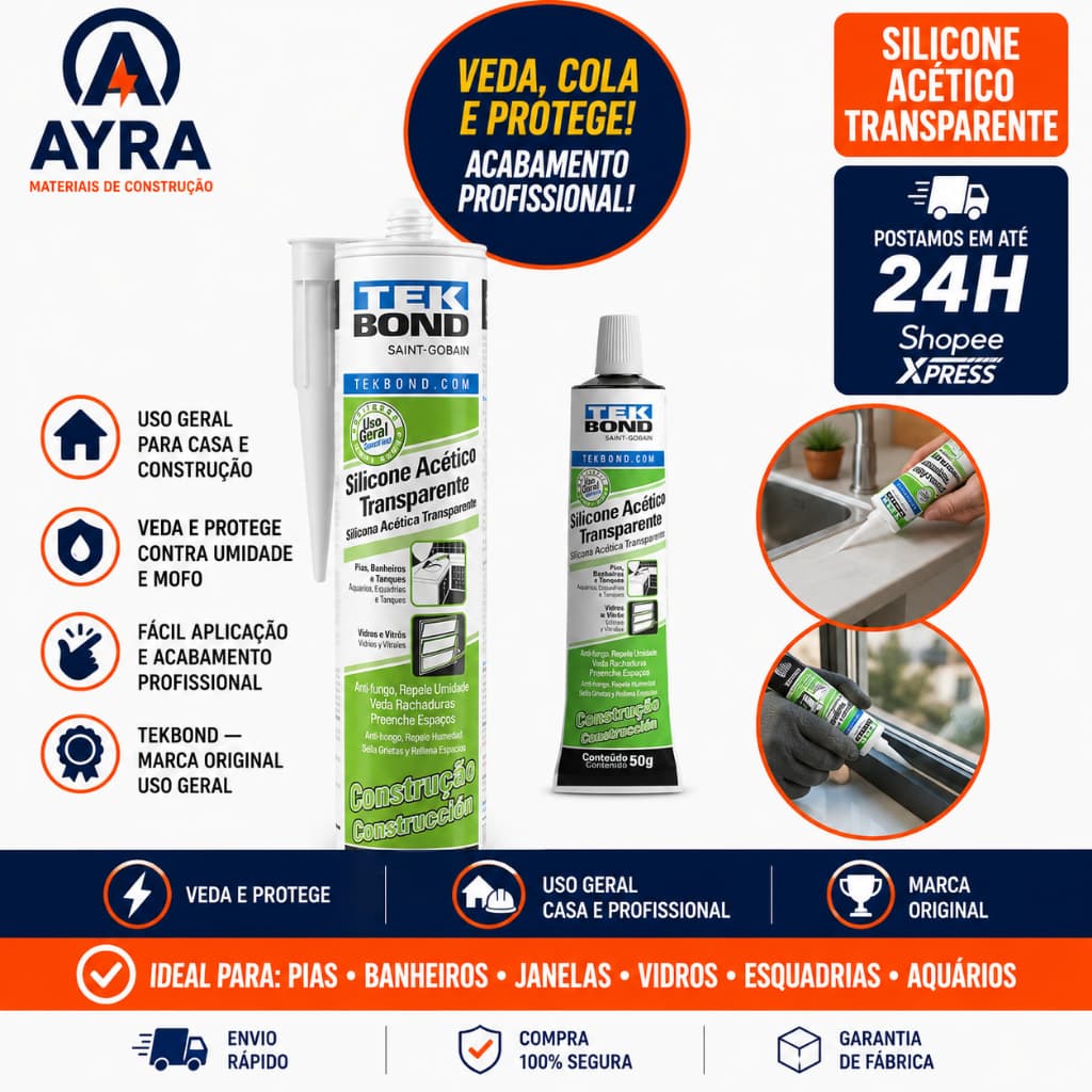Silicone Acético Transparente Tekbond Uso Geral 50g ou 256g para Vedação Construção