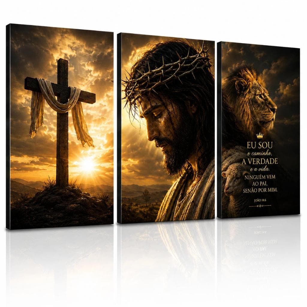 Quadro Decorativo 3 Peças Religioso Jesus Cristo para Sala Quarto e Ambiente de Oração