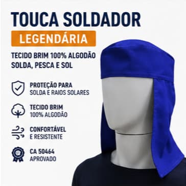 Touca Soldador Legendária Brim 100% Algodão CA 50464 Proteção para Solda, Pesca, Agricultura e Sol.