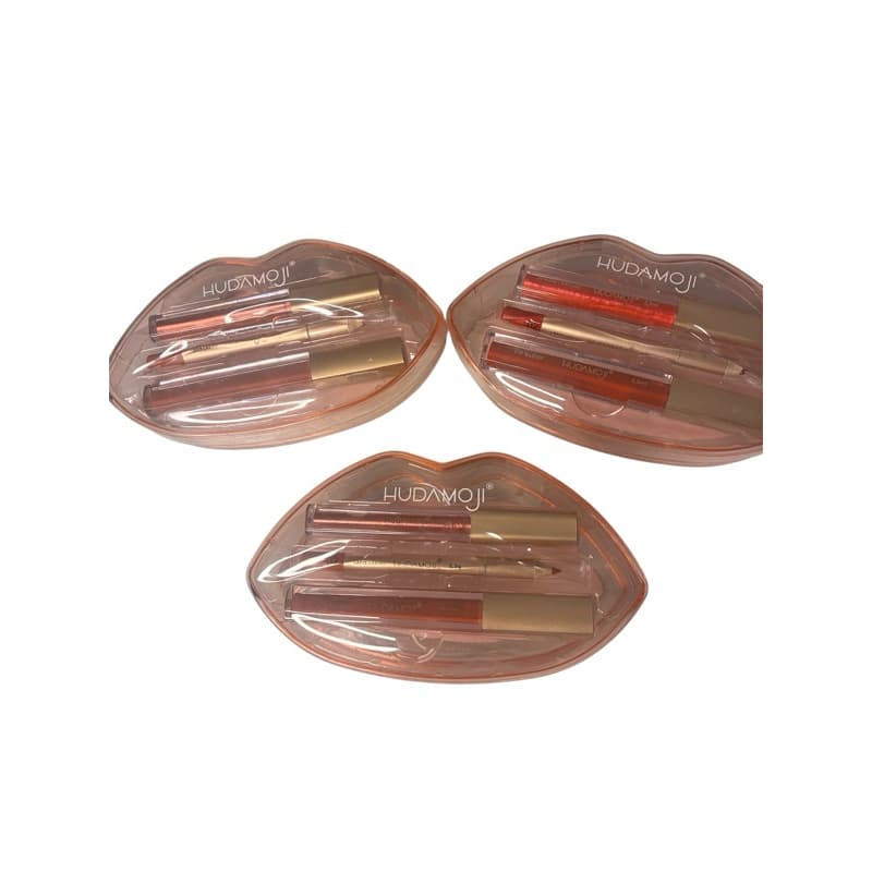 Kit 3 em 1 Hudamoji com Case de Coração | Lápis Labial + Batom + Gloss | Maquiagem Completa para Lábios