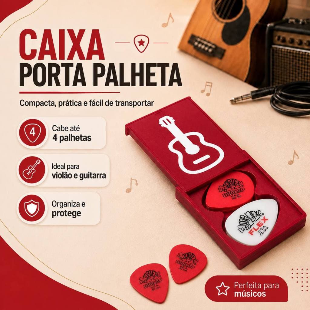 Porta Palhetas para Violão e Guitarra | Caixinha Compacta para Guardar até 4 Palhetas I Organizador Musical