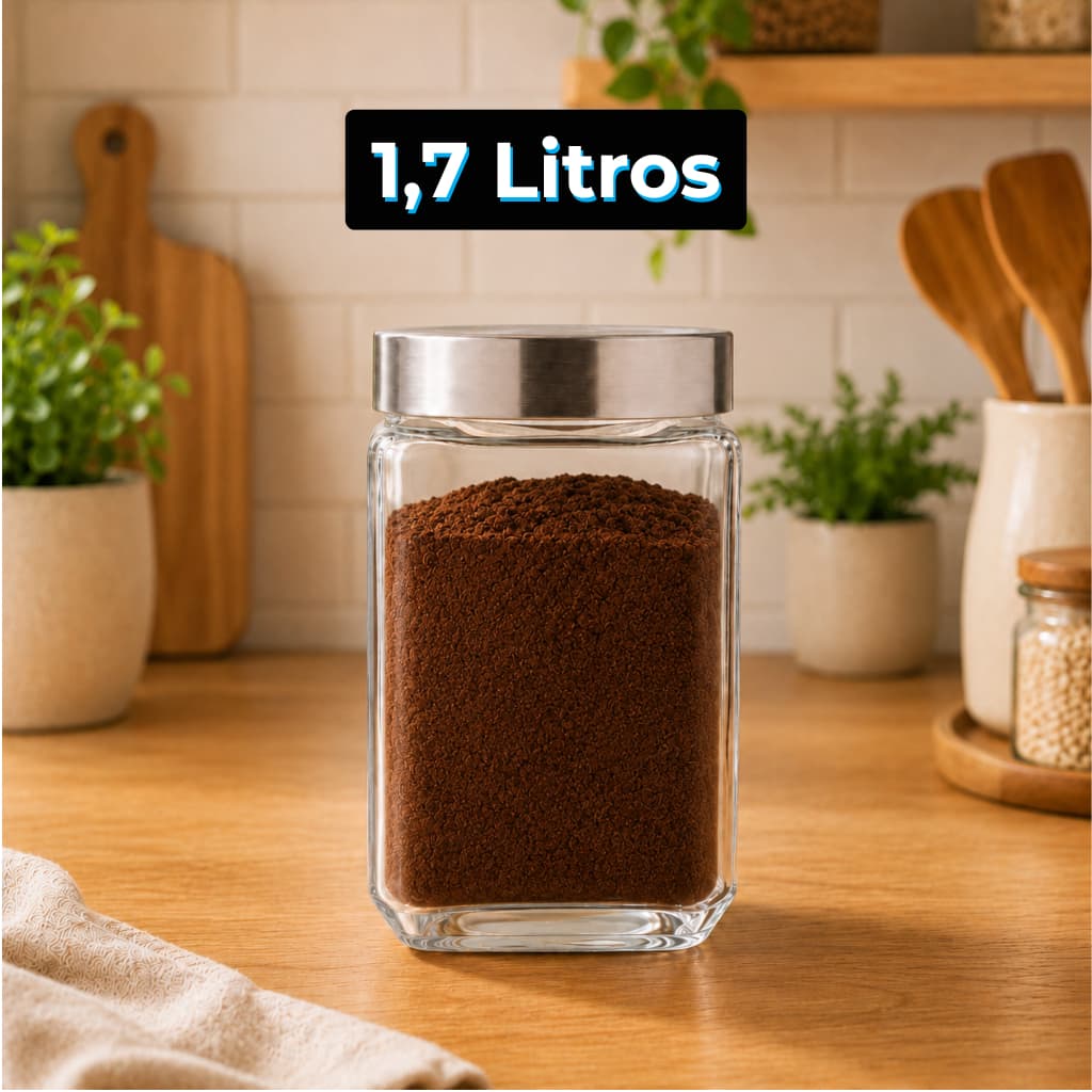 Pote De Vidro 1,7L Quadrado Com Tampa De Rosca Inox Resistente