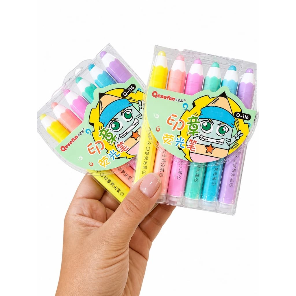 Kit 6 Marca Texto Colorido com Carimbo Decorativo Escolar Planner