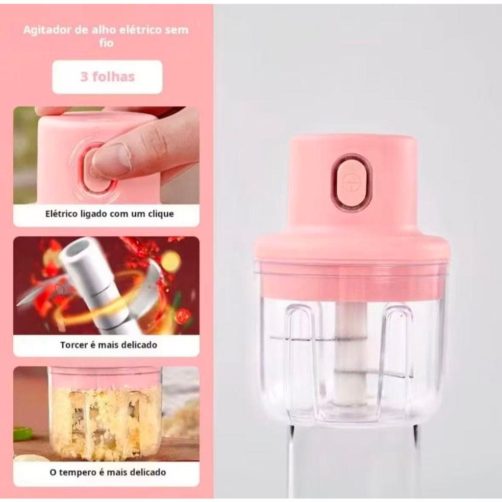 Mini Triturador Elétrico USB sem Fio 3 Lâminas para Alho, Legumes e Temperos