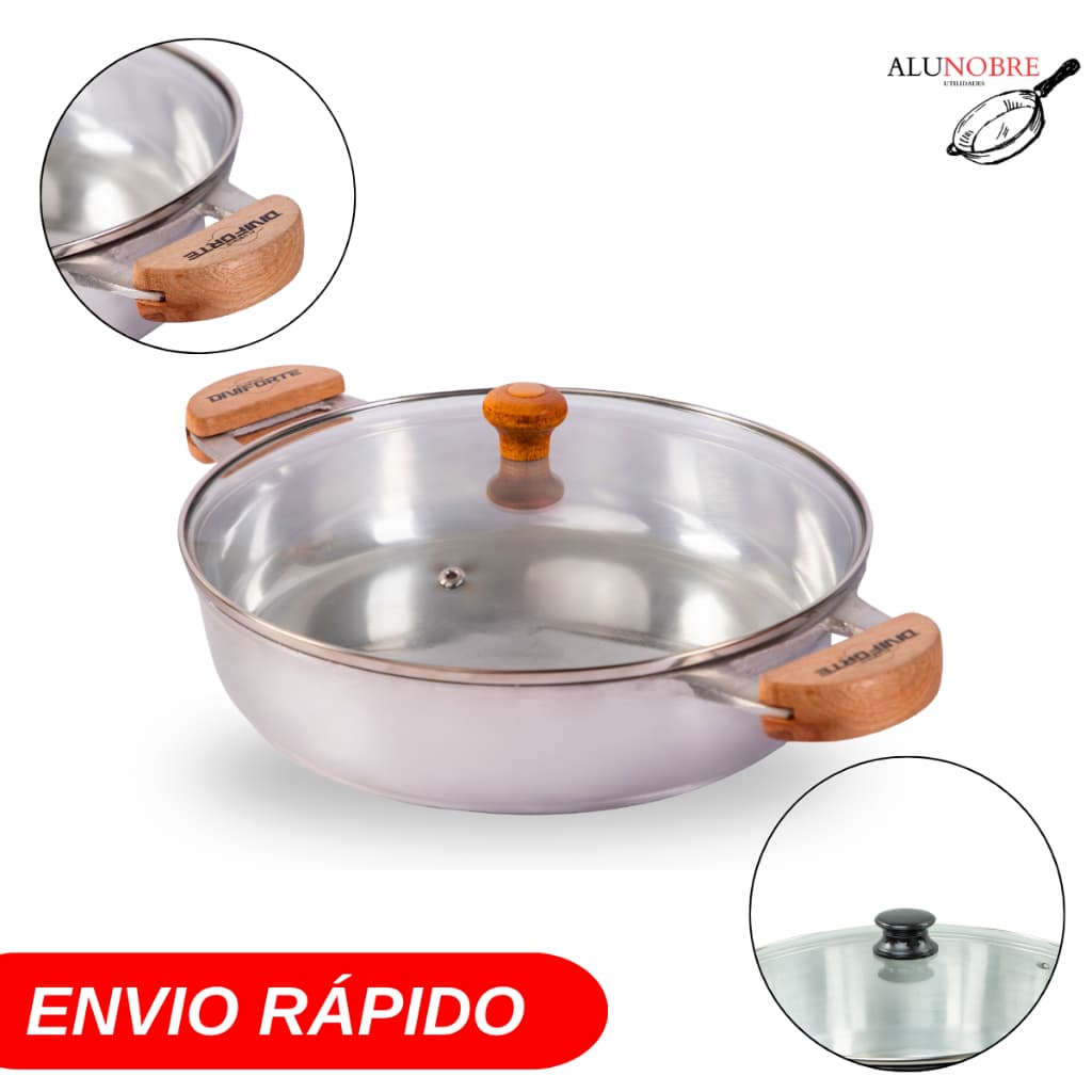 Frigideira 26 cm  Polida com Tampa De Vidro Alumínio Grosso Batido