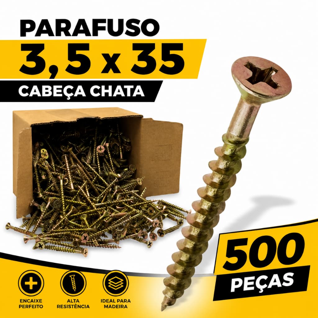 Parafuso Chipboard 3,5x35 Cabeça Chata Phillips 500 Peças Zincado Amarelo Para MDF Madeira MDP OSB