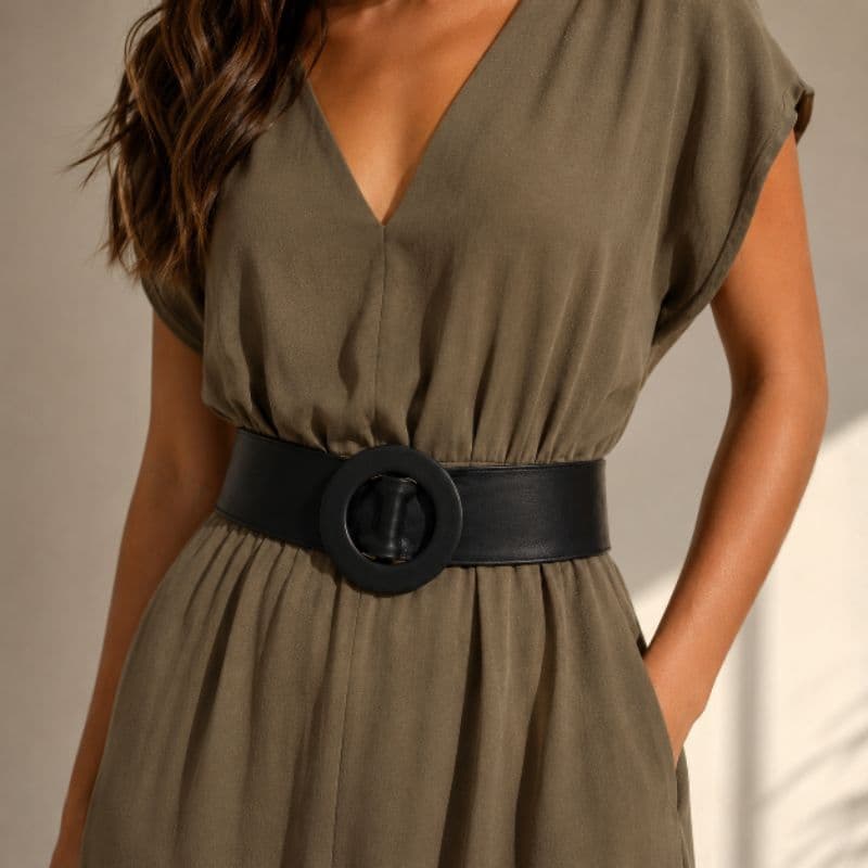 Cinto Feminino Largo de Couro Fivela Redonda 2 Cores
