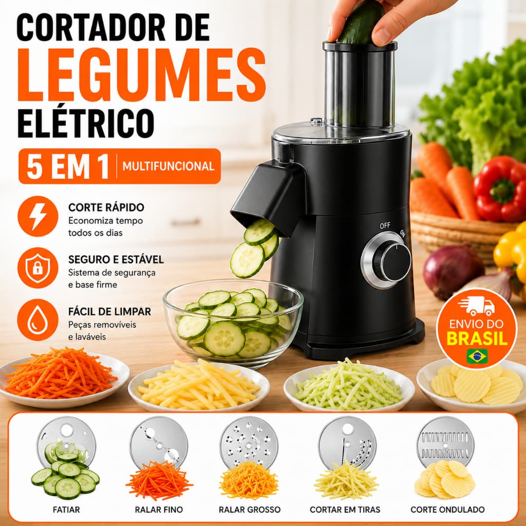 Cortador de Legumes Elétrico 5 em 1 Processador de Alimentos Ralador Multifuncional Fatiador de Vegetais Lâminas Inox