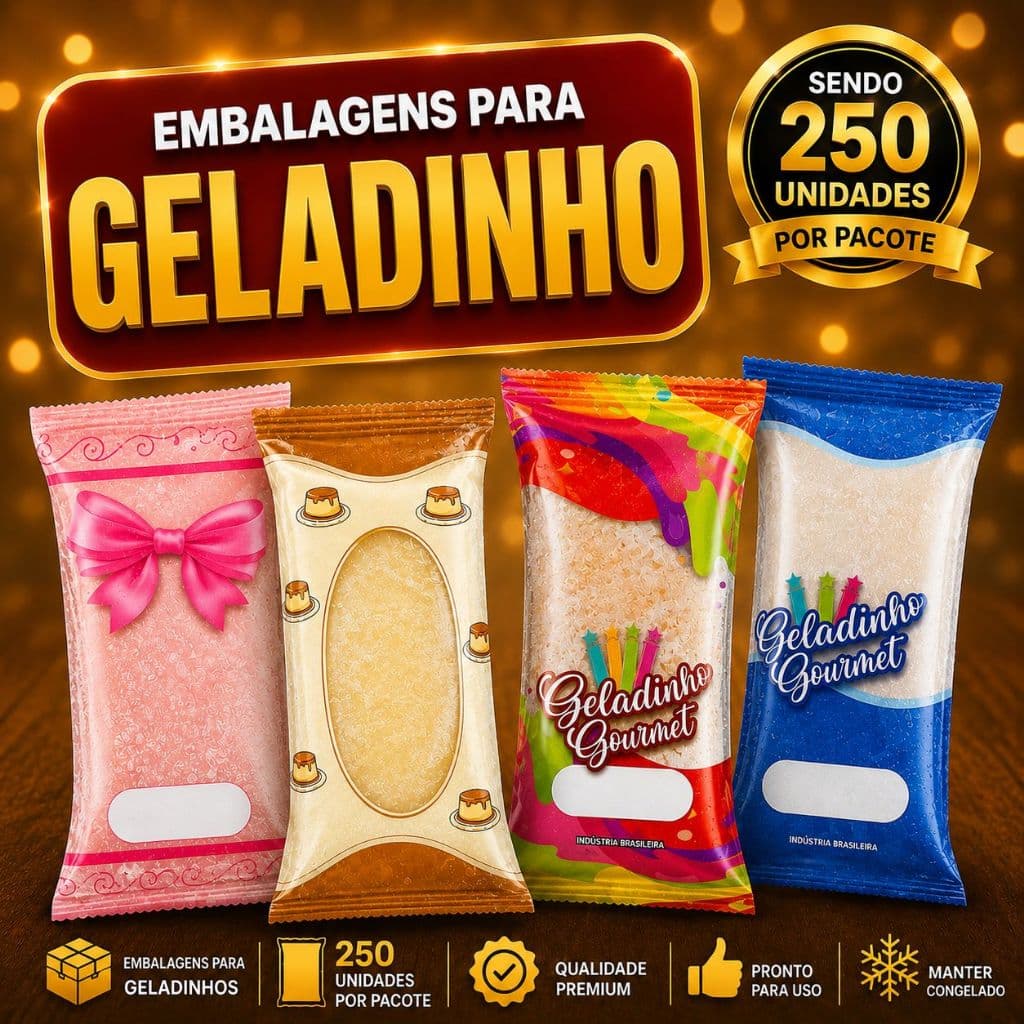 Kit Embalagem para Geladinho Gourmet Pudim/Vermelho/Azul/ Rosa 1000 Unidades