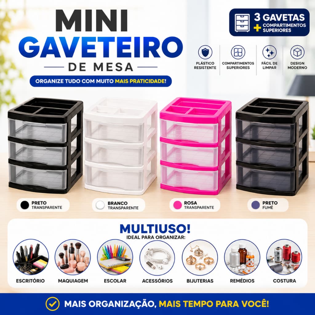 Gaveteiro De Mesa Transparente Pequeno 3 Gavetas Plástico Organizador Multiuso Escritório