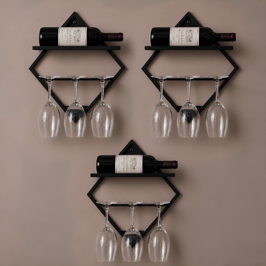 Kit 3 Prateleiras Suporte Para 9 Taças De Parede Com Porta Garrafa Adega Bar Cozinha