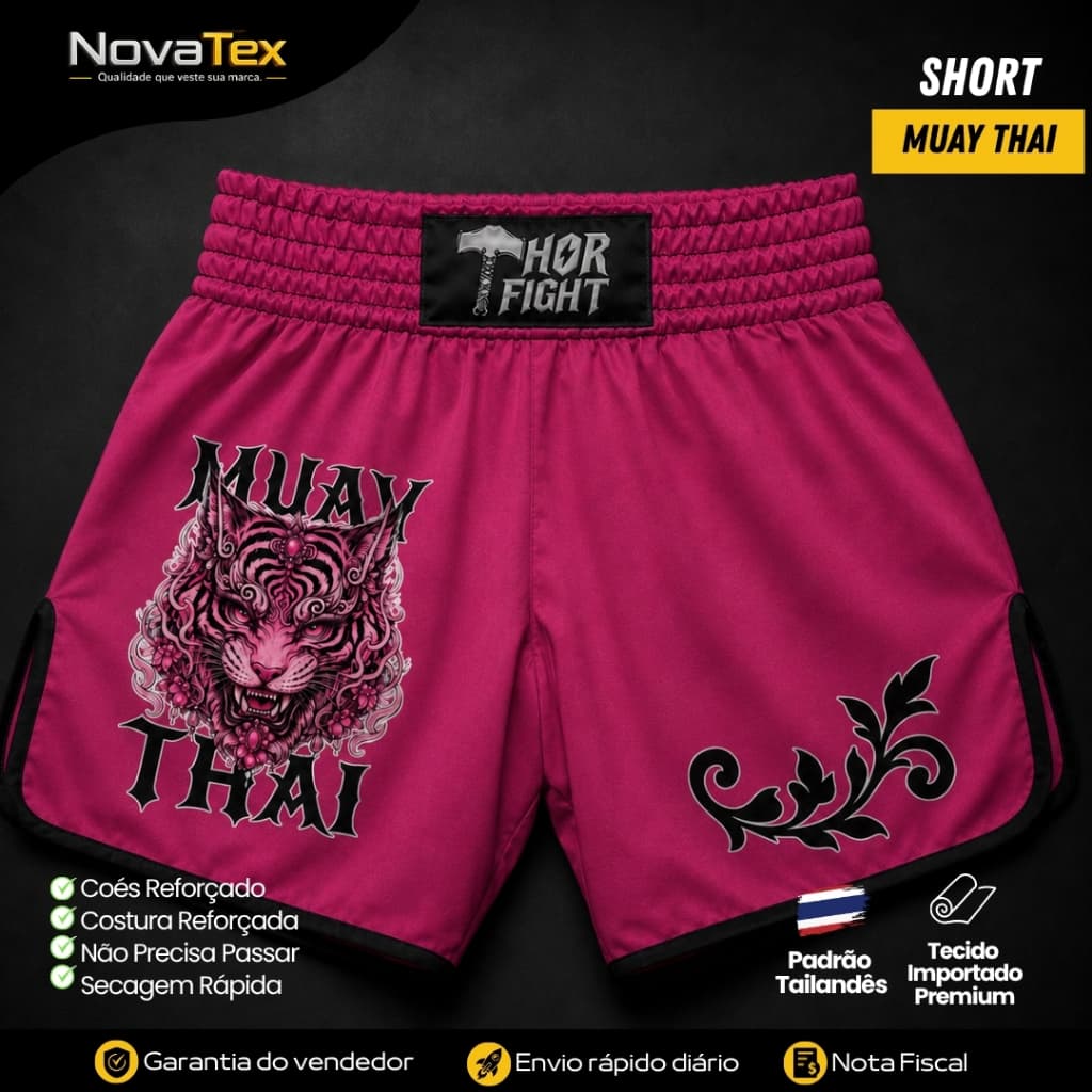 Short Muay Thai Feminino Tiger Bloom Rosa Estampado Microfibra Cós Reforçado Secagem Rápida