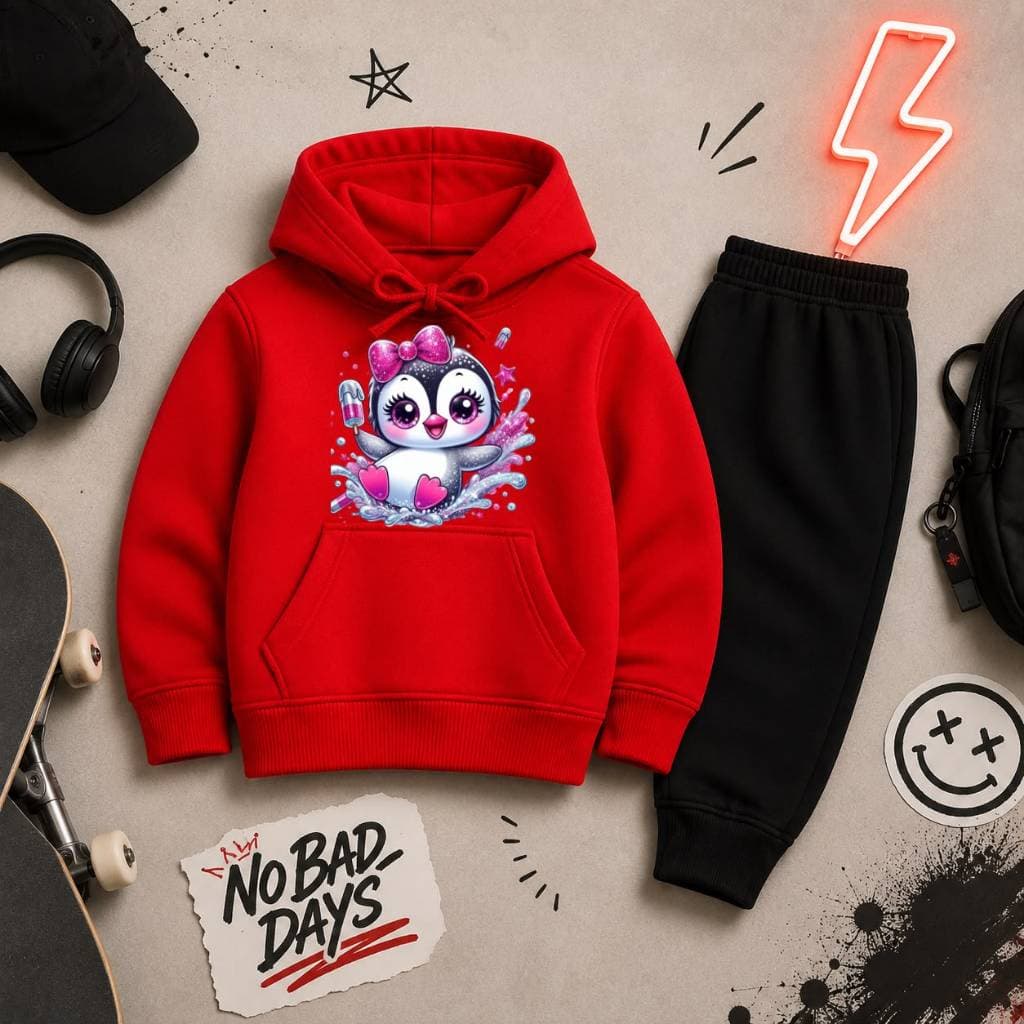 Conjunto Moletom Infantil Canguru Flanelado Estampa de Pinguim Fofa Laço Inverno Premium Capuz Calça Confortável Unissex