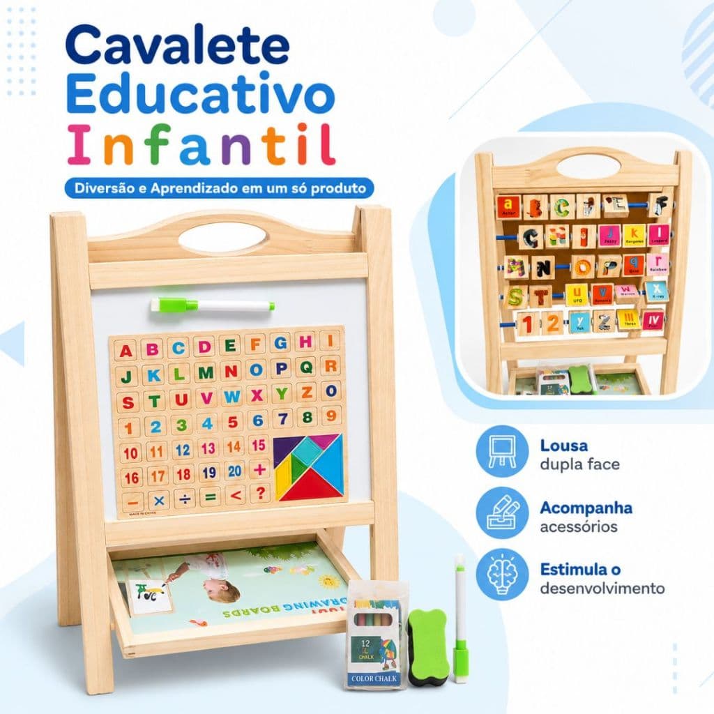 Quadro Educativo Infantil 2 em 1 em MDF Com letras Magnéticas, Aprendizado Lúdico
