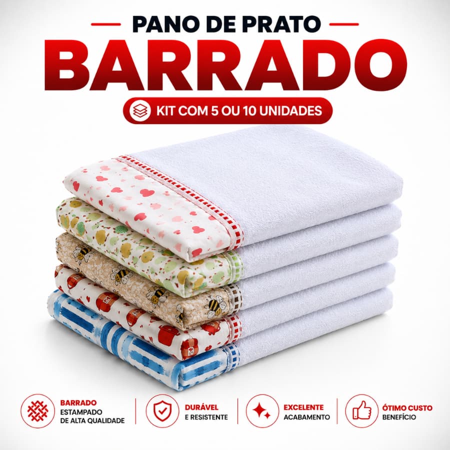 Kit Pano de Prato com Barrado Estampado 5 ou 10 Unidades 41x66cm Grande