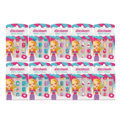 Kit 2 Cartelas de Unhas Postiças Infantil Auto Colantes Discoteen | Modelos Sortidos