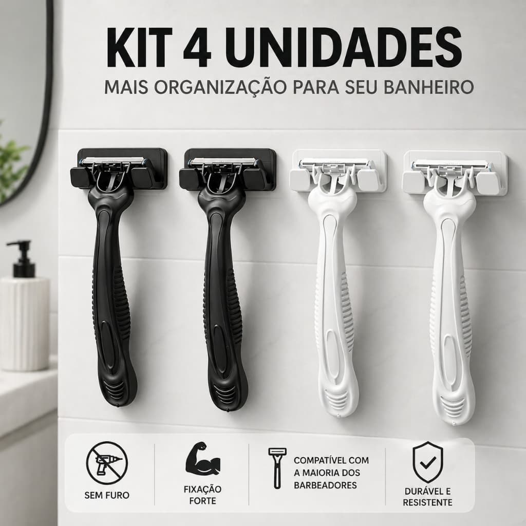 Kit 4 Suporte Gillete 3M Sem Furar Parede Fixação Forte Porta Barbeador Banheiro Resistente