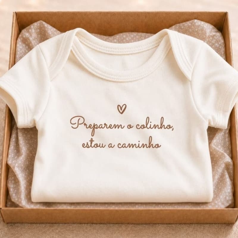 Body Frase “PREPAREM O COLINHO, ESTOU A CAMINHO” Revelação Anúncio Gravidez Off White