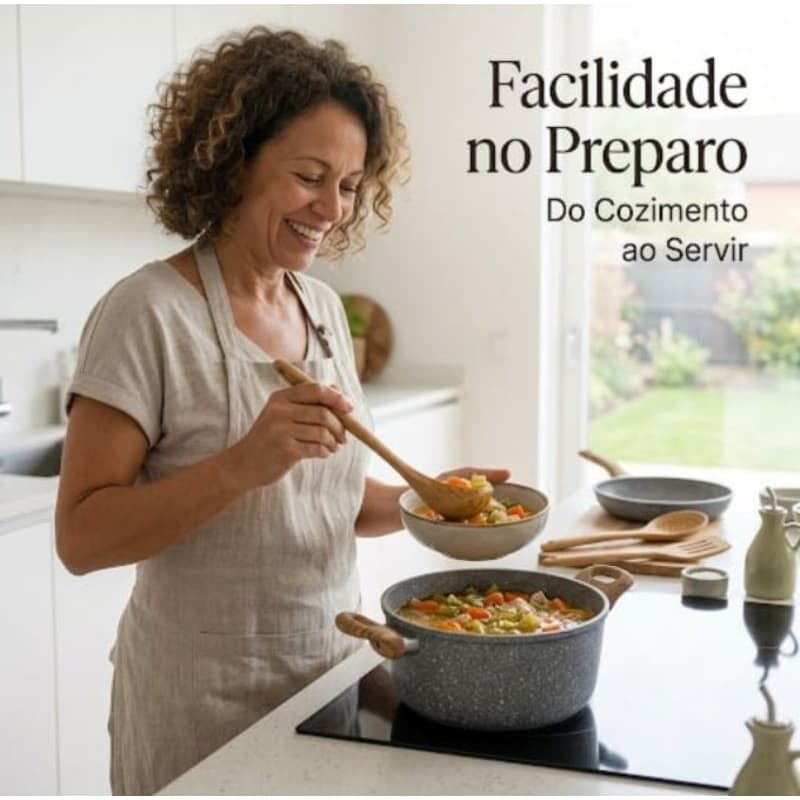 Kit Jogo Panelas Antiaderente Cinza 7 Peças + Utensílios Cozinha Premium