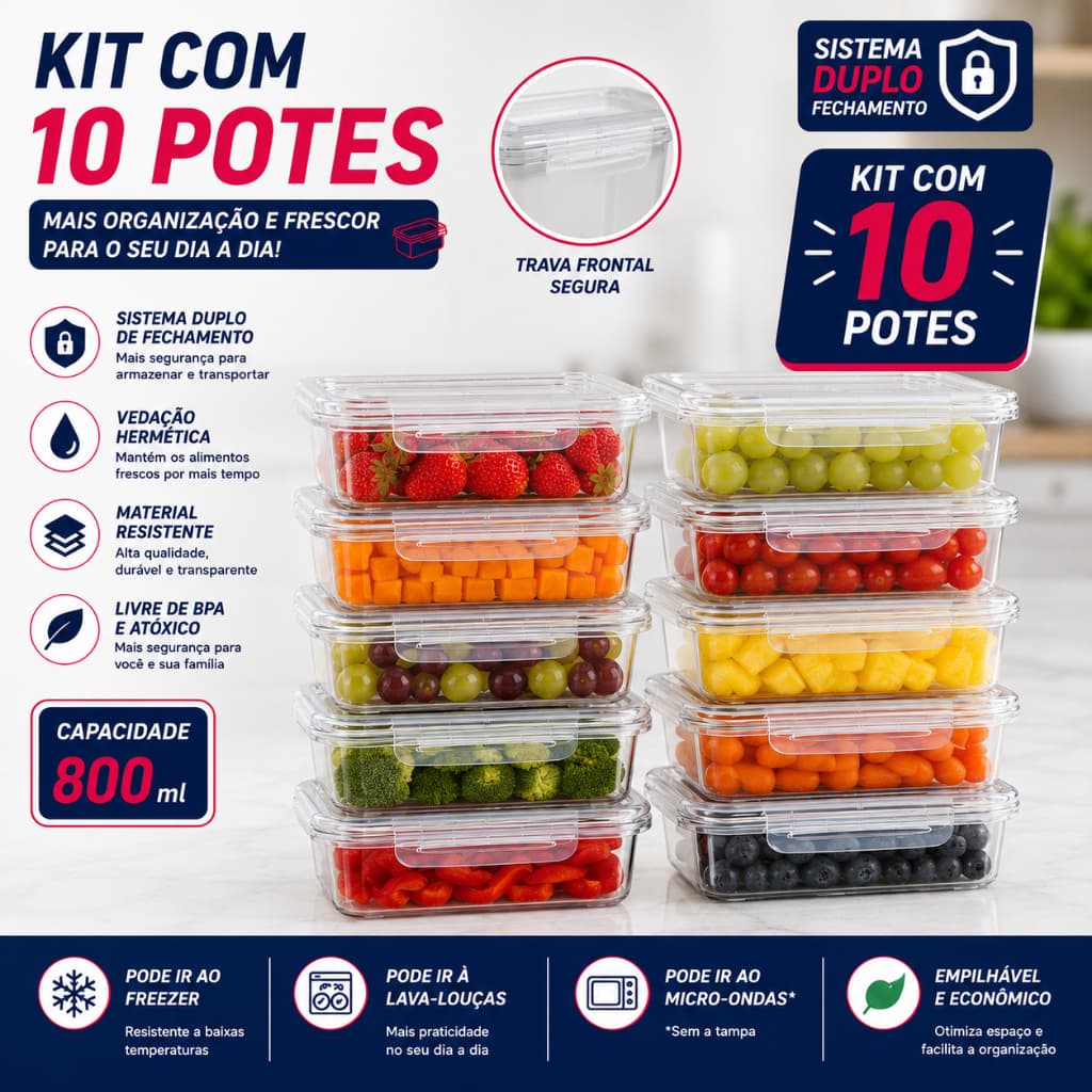 Kit 10 Potes Marmitas 800ml com Travas Laterais - Hermeticos BPA free Alimentos jogo de marmitas fit
