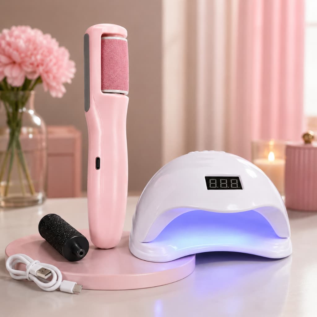KIT LIXA ELÉTRICA RECARREGÁVEL PARA PÉS + CABINE LED UV 48W COM DISPLAY DIGITAL PARA UNHAS EM GEL PROFISSIONAL