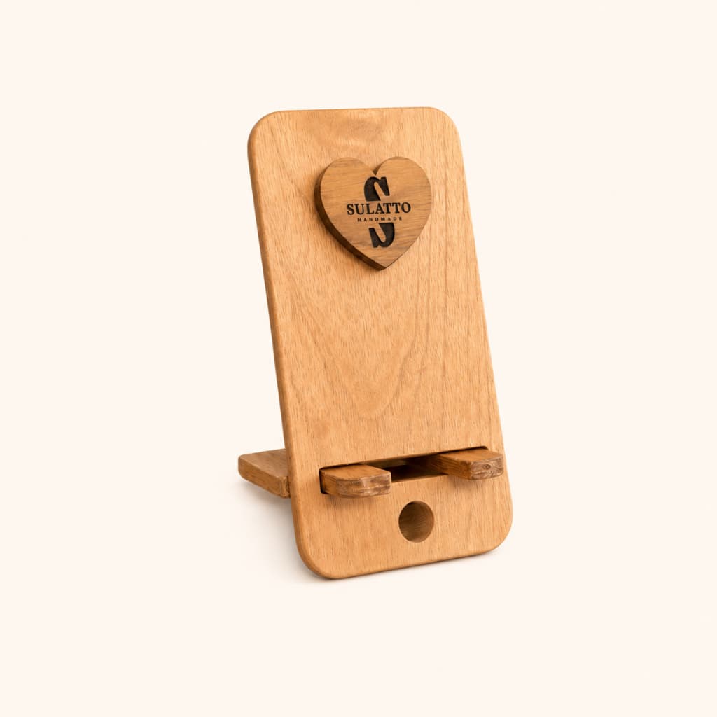 Suporte de Celular e Tablet Ajustável  Madeira Maciça Personalizado Nome Marca Logo