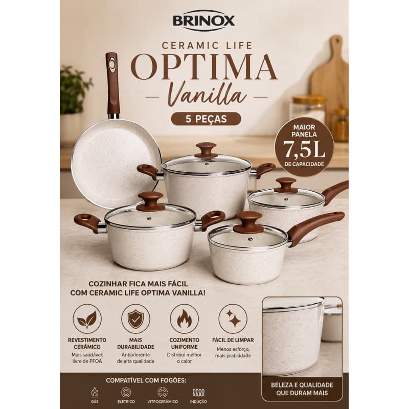 Jogo de Panelas Brinox Optima Vanilla 5 Peças Grande Capacidade Cerâmica Antiaderente