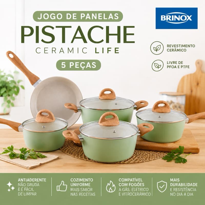 Jogo de Panelas Brinox Ceramic Life Pistache 5 Peças Cerâmica Antiaderente Original