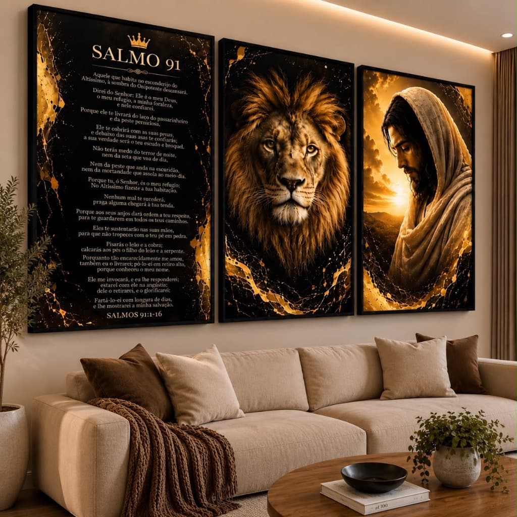 Trio de Quadros Decorativos Religiosos Salmo 91 Jesus Leão LuXO Moderno Sala