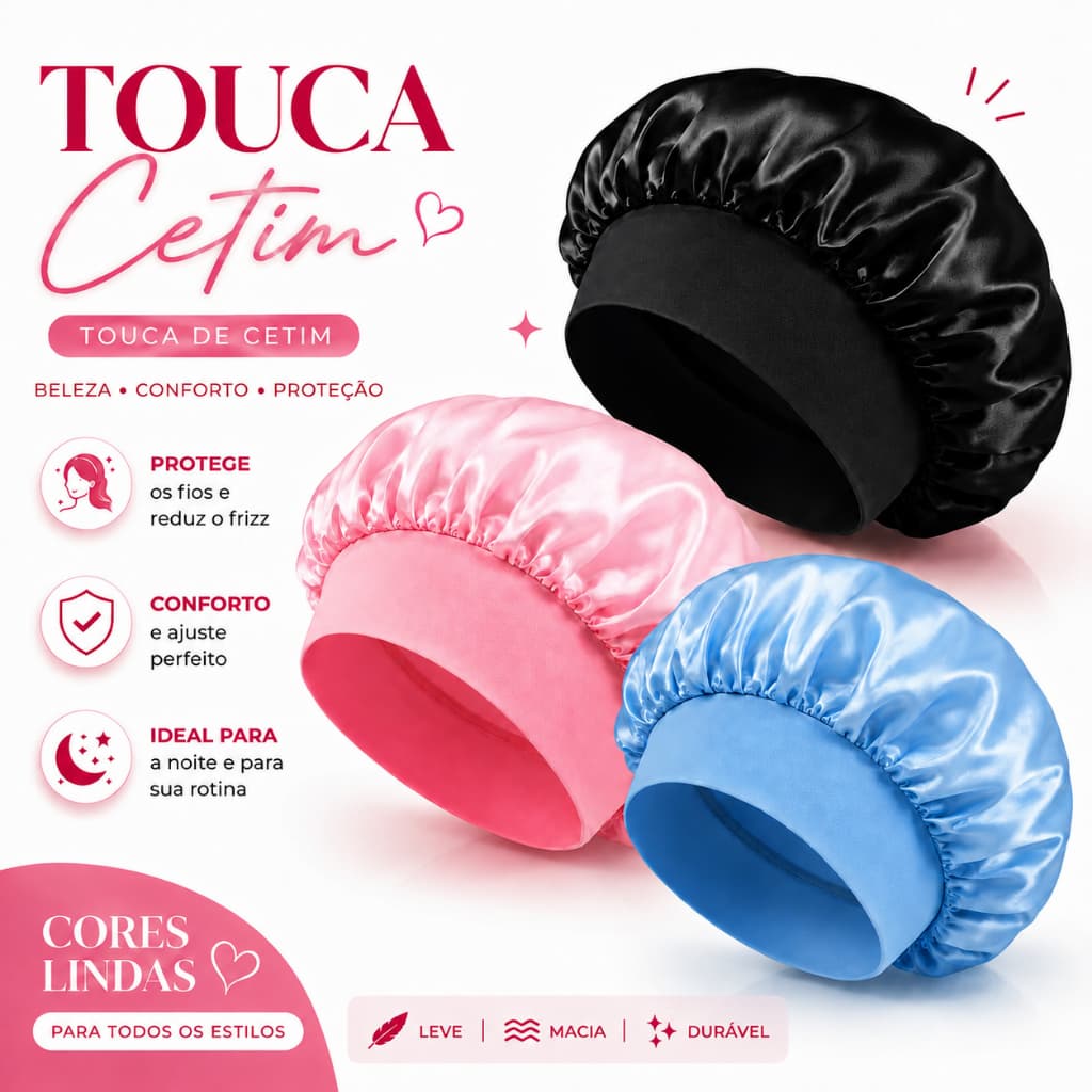 Kit com 3 Touca de dormir de cetim com aba - Conforto e proteção noturna