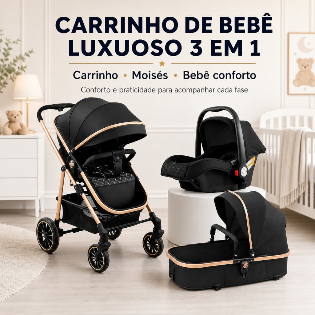 Carrinho de Bebê Luxuoso 3 em 1 com Moisés e Bebê Conforto – Seguro, Confortável e o Preferido das Mamães！