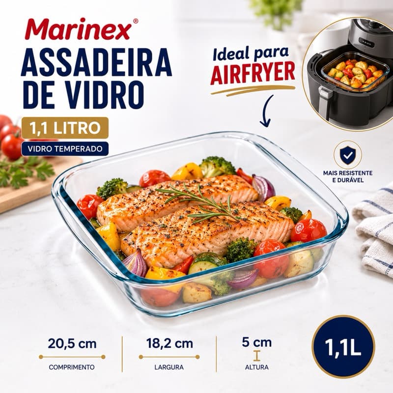 Assadeira Quadrada Marinex 1,1L – Vidro Temperado, Sem Tampa