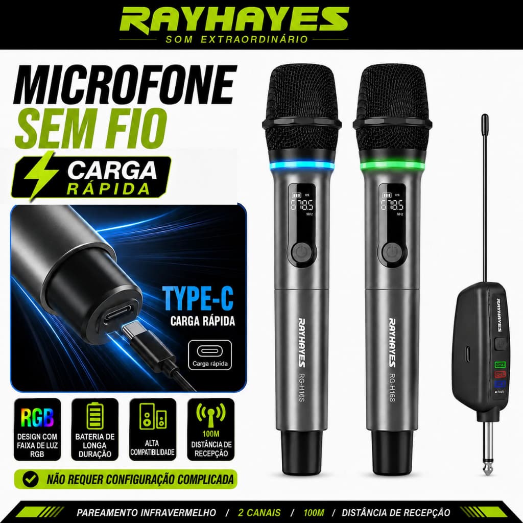 Microfone Sem Fio RAYHAYES RG-H16S Luz RGB Type-C para Karaokê Festa Palestra Live