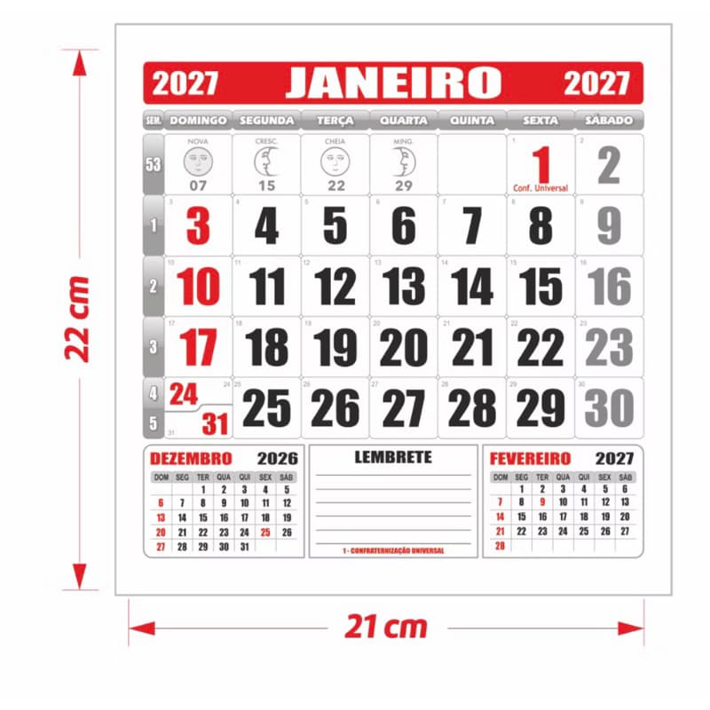 Blocos Calendário 2027 22x23cm Refil – Folhinha Comercial Parede
