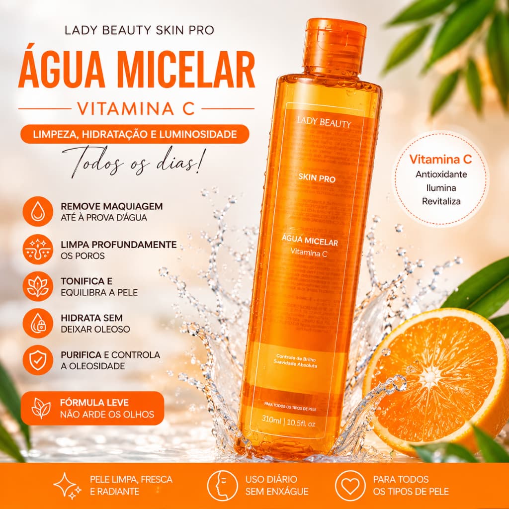 Água Micelar, Limpa, Demaquila, Hidrata, Tonifica, Com Vitamina C, Ideal para todo tipo de pele