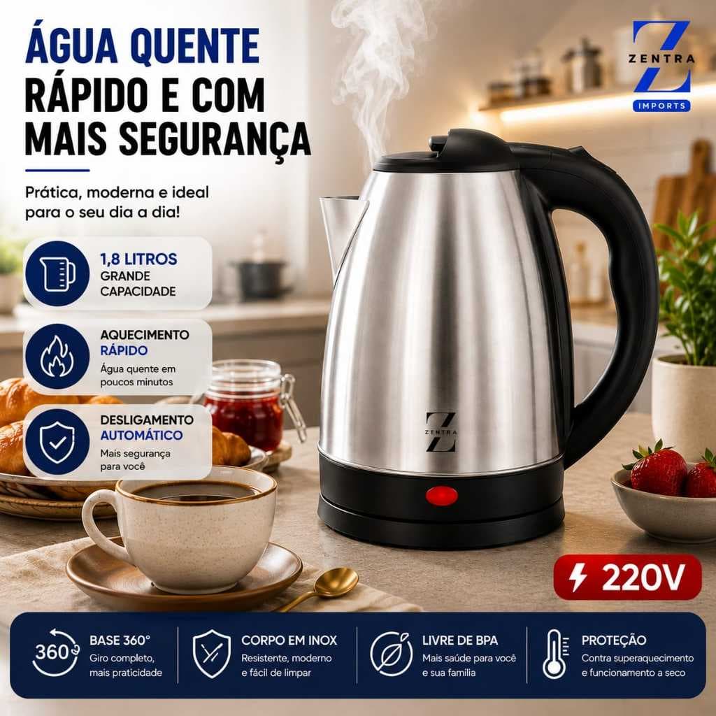 Chaleira Elétrica Inox 1.8L Desliga Automático 220V 1500W