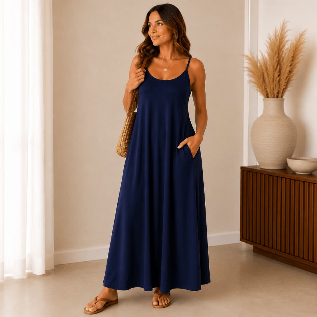 Vestido Longo Azul Verão 2027 de Viscolycra Feminino Alcinha Com Bolsos Casual Confortável Soltinho Estiloso