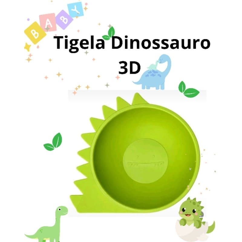Tigela Bowl Bebê Dinossauro Bambu Refeição Verde 500ml Alimentação Introdução Menino Menina