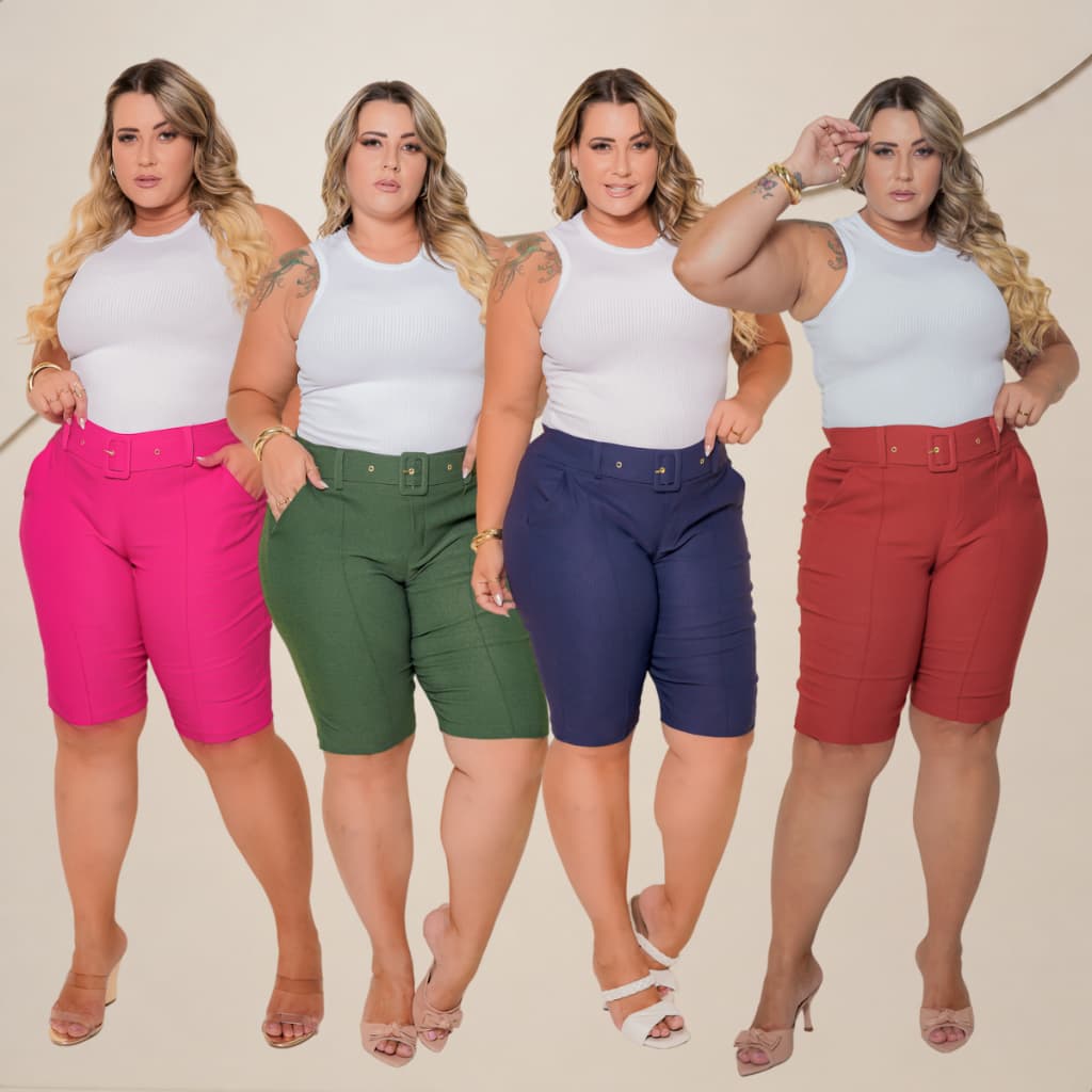Bermuda Plus Size Reduz Pouchete Levanta Bumbum Super Elegante Tecido Modelador C/ Cinto E Bolsos Funcional