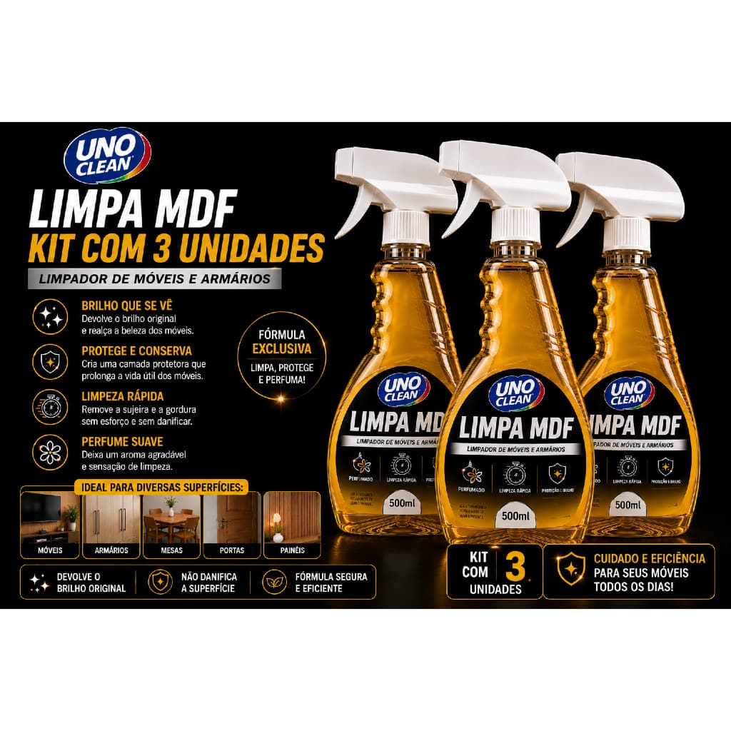 Kit 3 Spray Limpa MDF 500ML Perfumado Lustra Moveis Planejado Armário Sala Cozinha Racks Guarda Roupa MDP