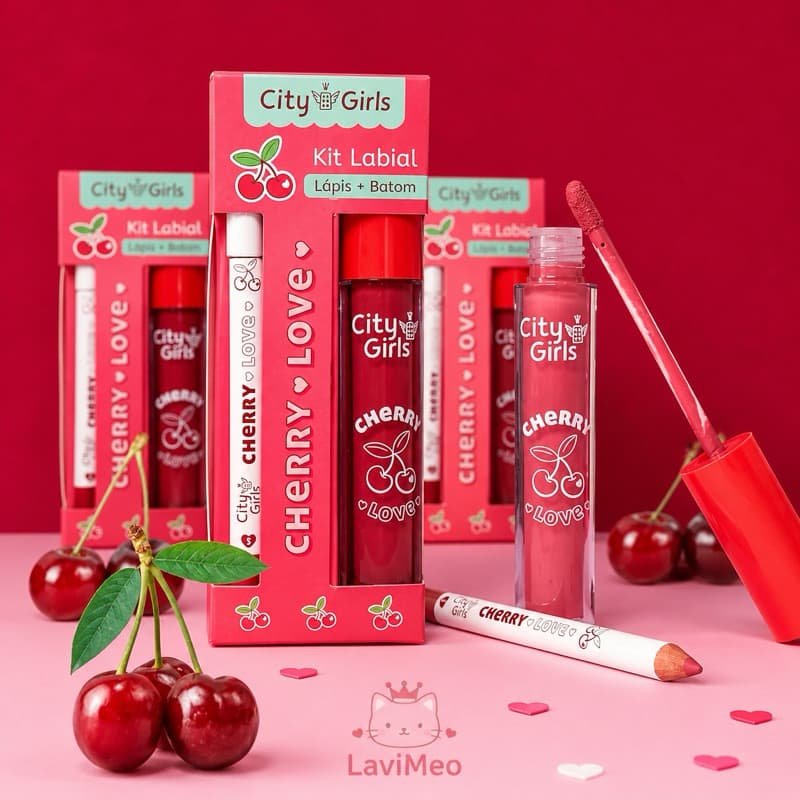 Kit Labial Cherry Love City Girls Batom Líquido Matte + Lápis Labial Lip Combo Original