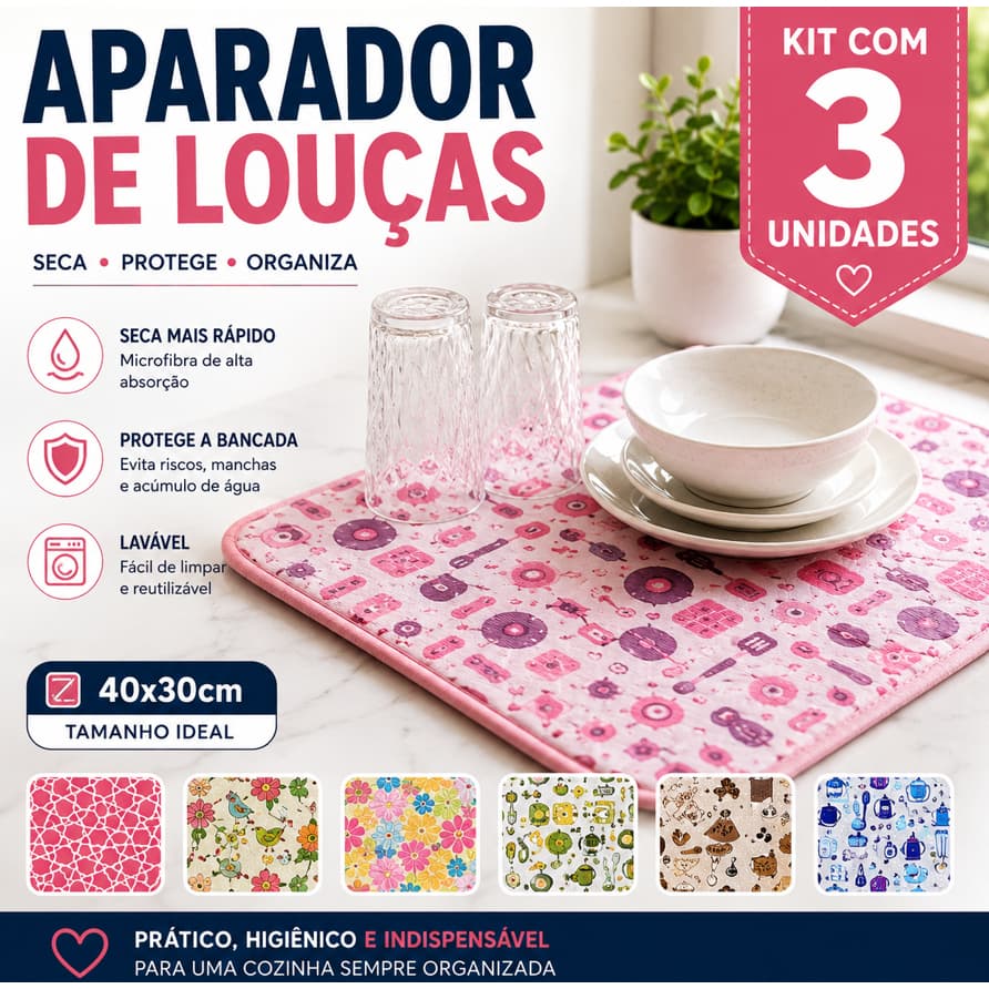 Kit 3 Aparador de Louças Microfibra Escorredor de Louça Tapete Secador de Pratos Copos Talheres Bancada Cozinha 40x30 Es