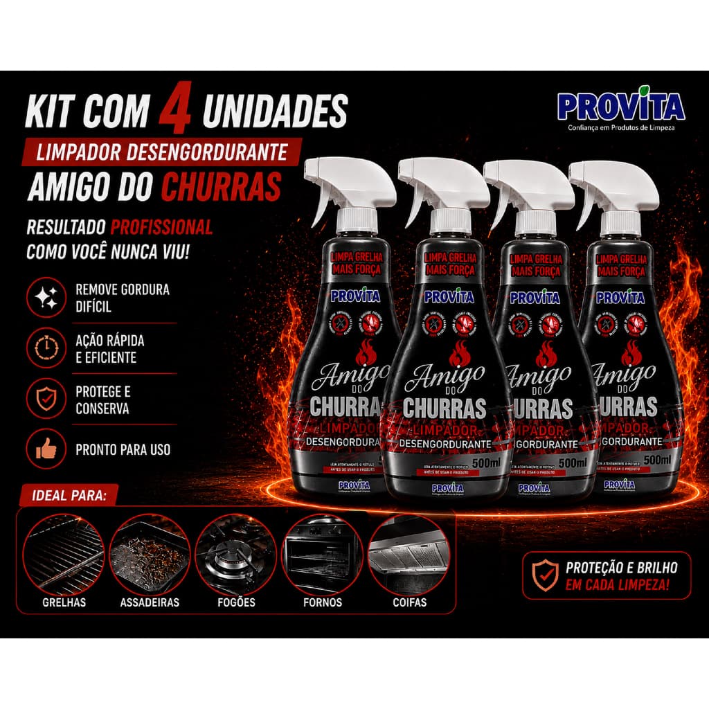 Kit Com 4 Limpa Grelha Churras Desengordurante Churrasqueira Spray Limpeza Fogão Grill Forno Coifa Air Fryer